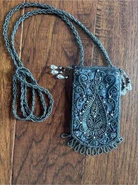 Black Silk Beaded Bag w/beading. Carry your phone chic. 3 x 5 .